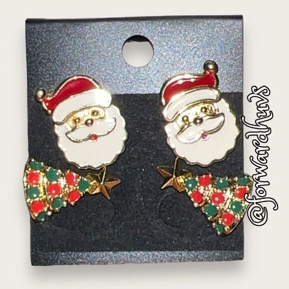 Christmas Holiday Earrings | Enamel Santa | Christmas Tree - Picture 1 of 9
